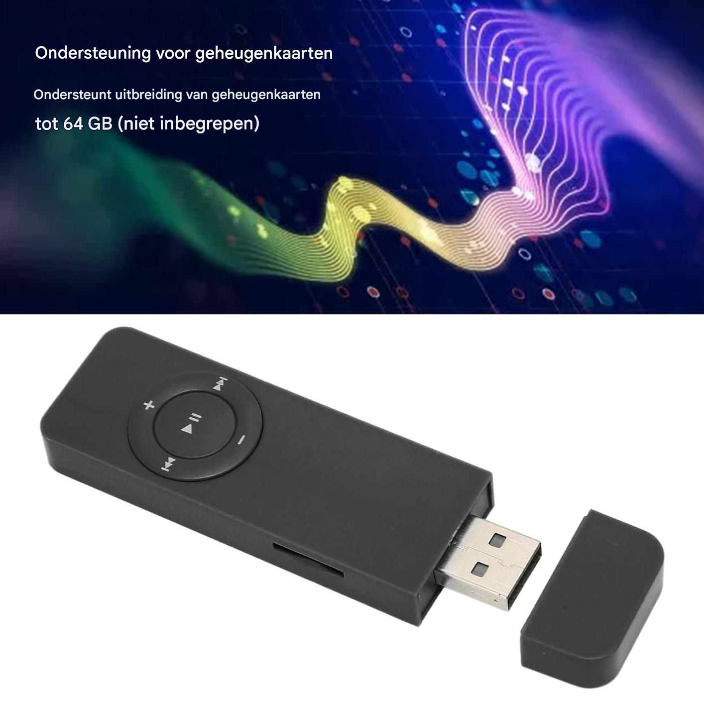 Ein schwarzes USB-Gerät mit Bedienelementen und Kappe auf farbigem Abstraktem Hintergrund.