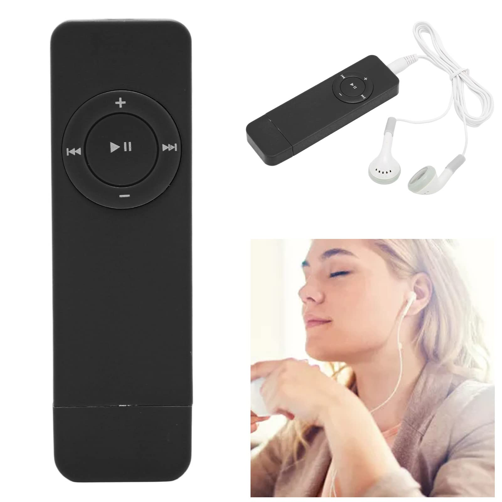 Schwarzer MP3-Player mit Kopfhörern und einer Frau, die Musik hört.