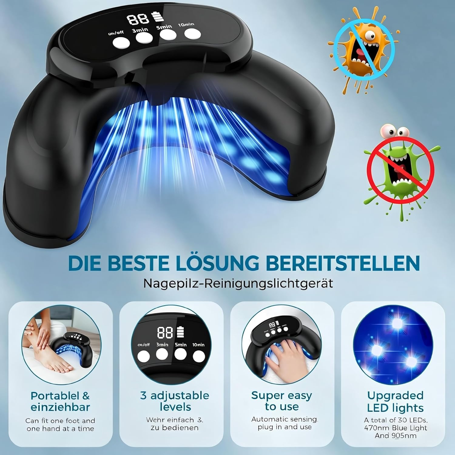 Ein schwarzes Nagel-UV-Gerät mit blauen Lichtern und vier Infografiken.