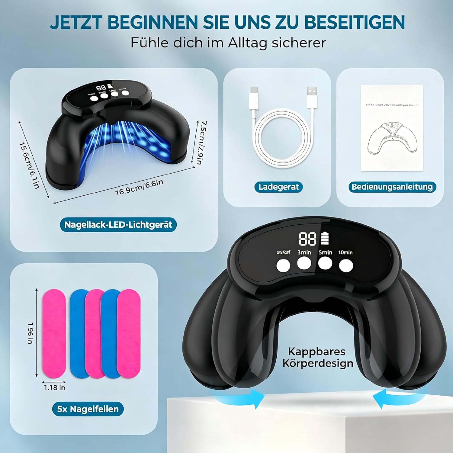 Ein schwarzes UV-Nagellack-LED-Gerät mit Ladegerät, Anleitung und Feilen.