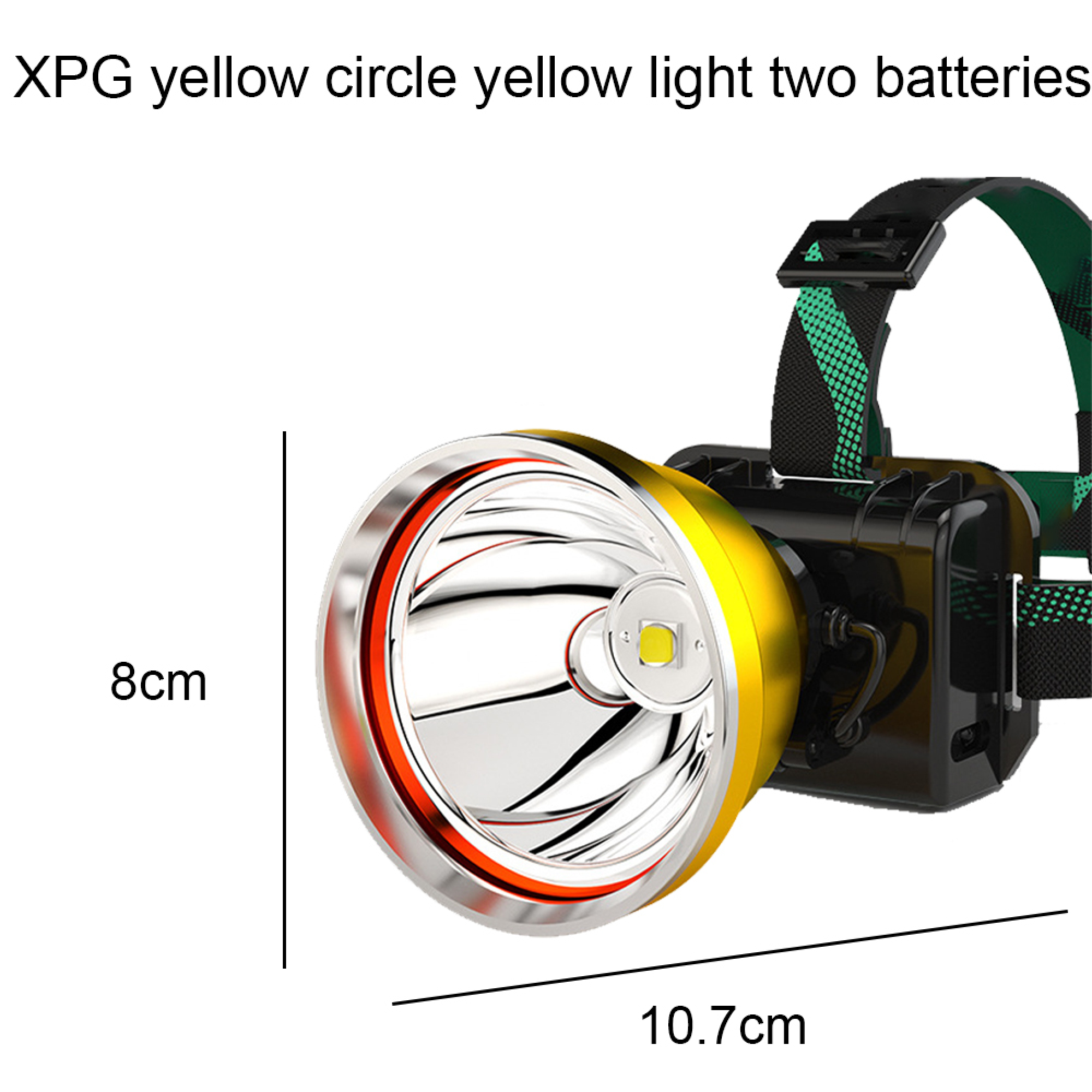 Gelbe Stirnlampe mit schwarzem Band, 8cm hoch und 10.7cm breit.