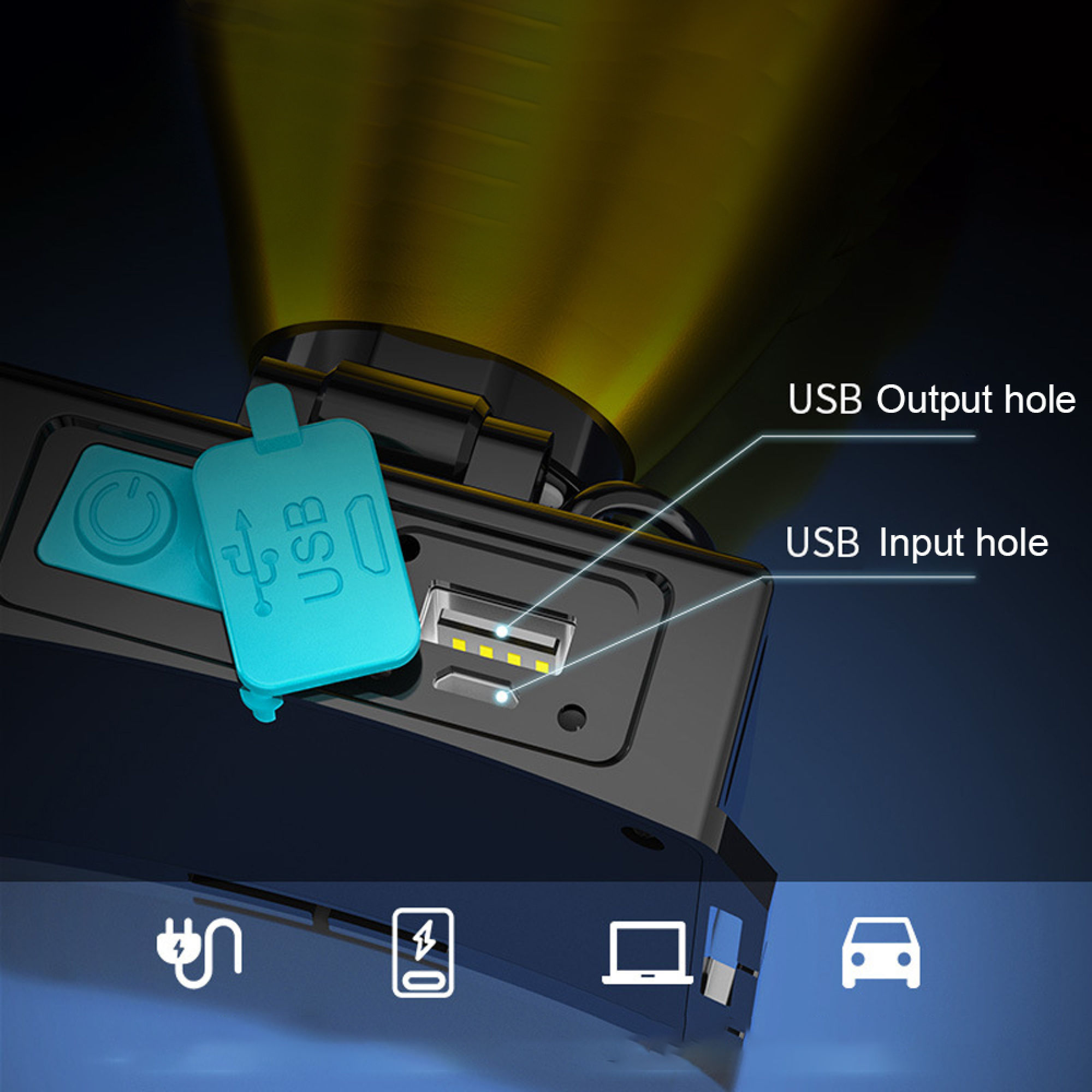 Ein schwarzes Gerät mit USB-Anschlüssen, beleuchtet von oben.