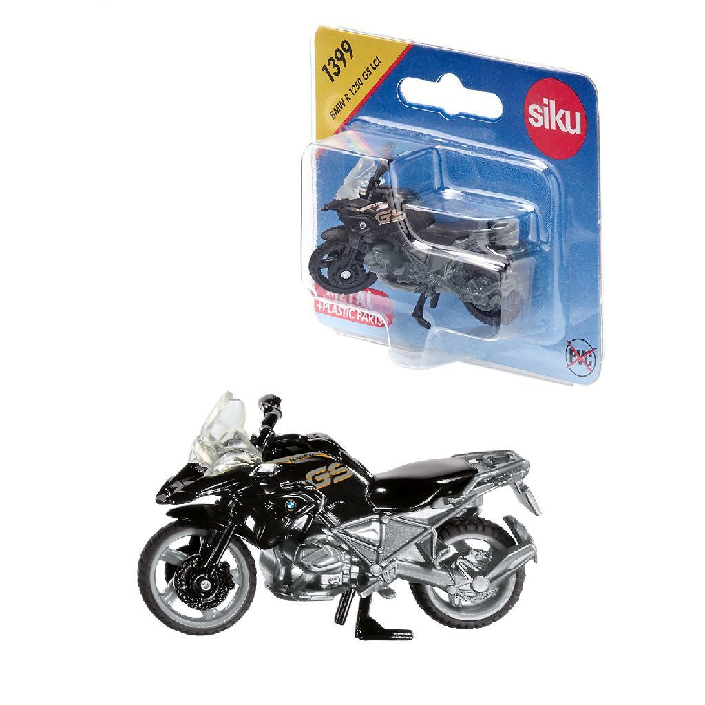 Ein schwarzes Spielzeugmotorrad BMW R 1250 GS im Siku-Verpackungsdesign.