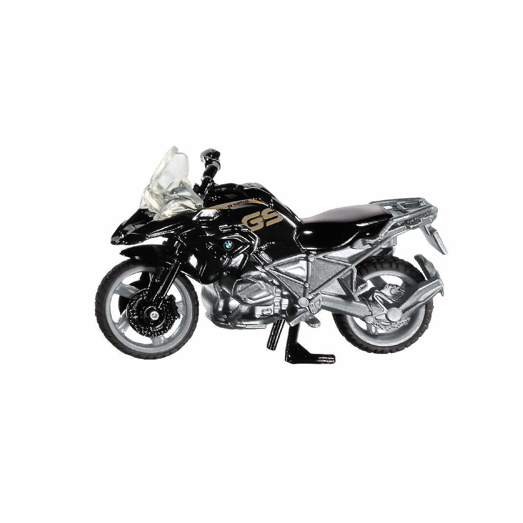 Ein schwarzes BMW GS Motorradmodell mit silbernen Details und Windschutzscheibe.