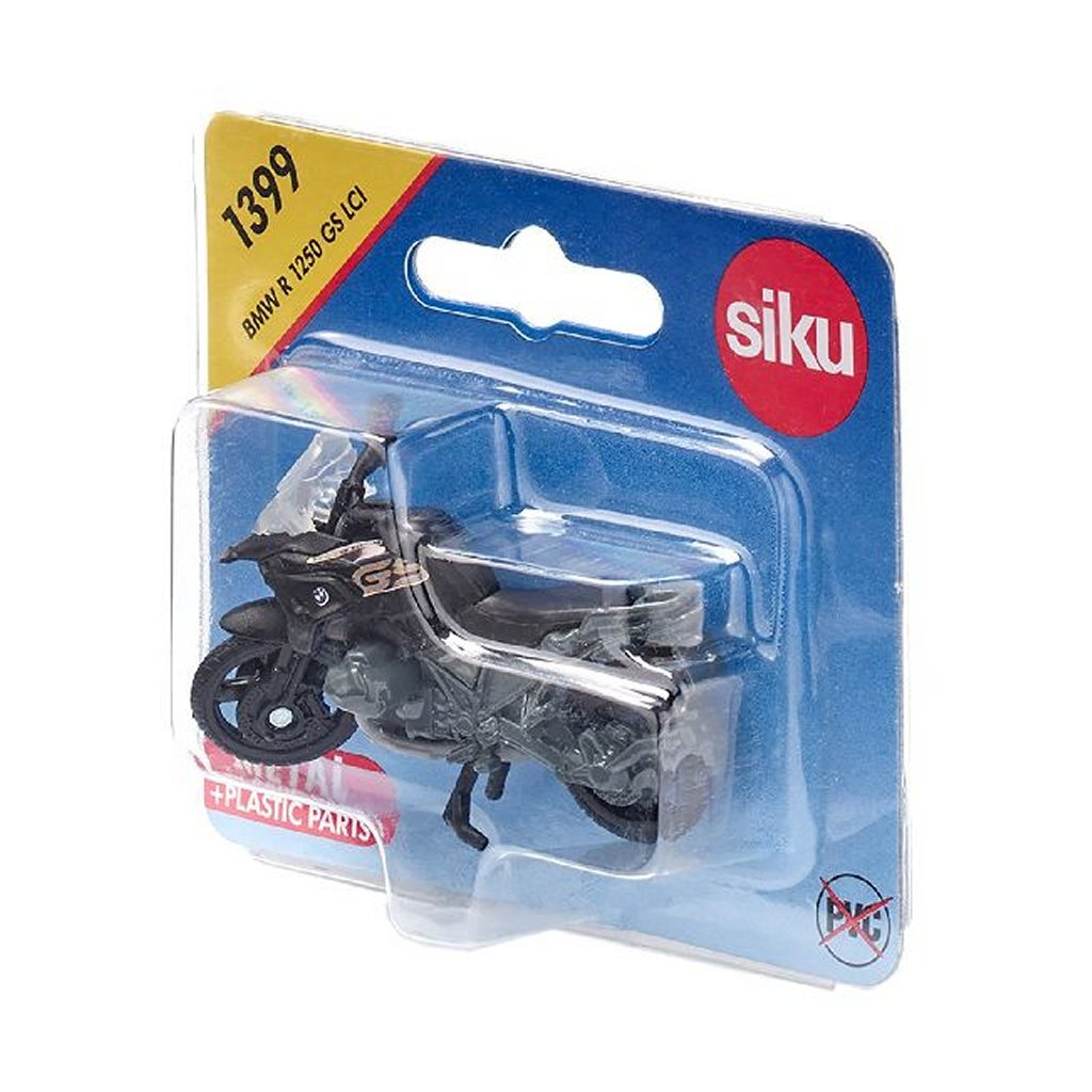 Ein schwarzes Spielzeugmotorrad der Marke Siku, Modell BMW R 1250 GS LCI, in Blisterverpackung.