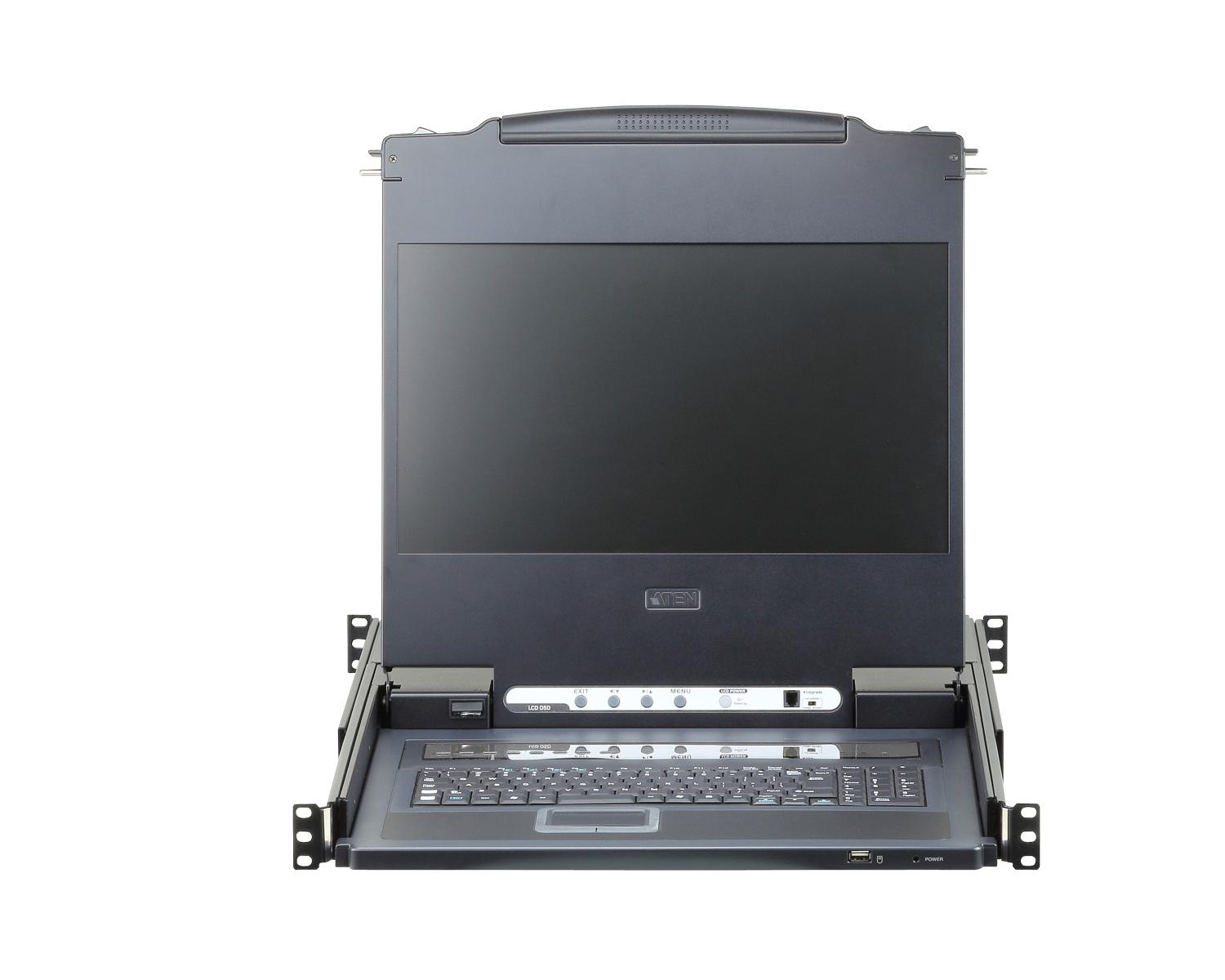 Ein schwarzer Rack-Monitor mit Tastatur und Touchpad auf weißem Hintergrund.