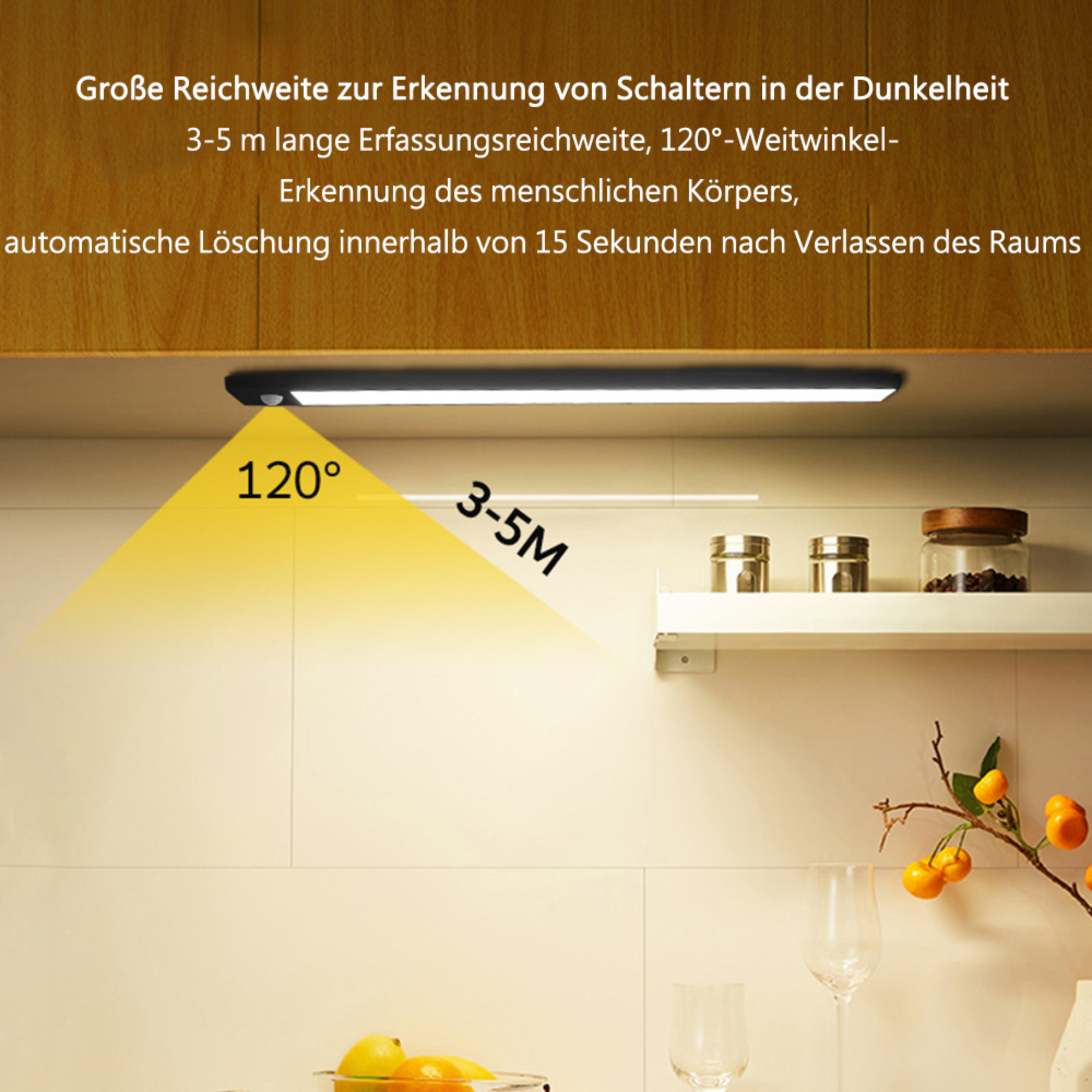 LED-Leiste mit 120° Erfassungswinkel, 3-5m Reichweite, erkennt Körper.