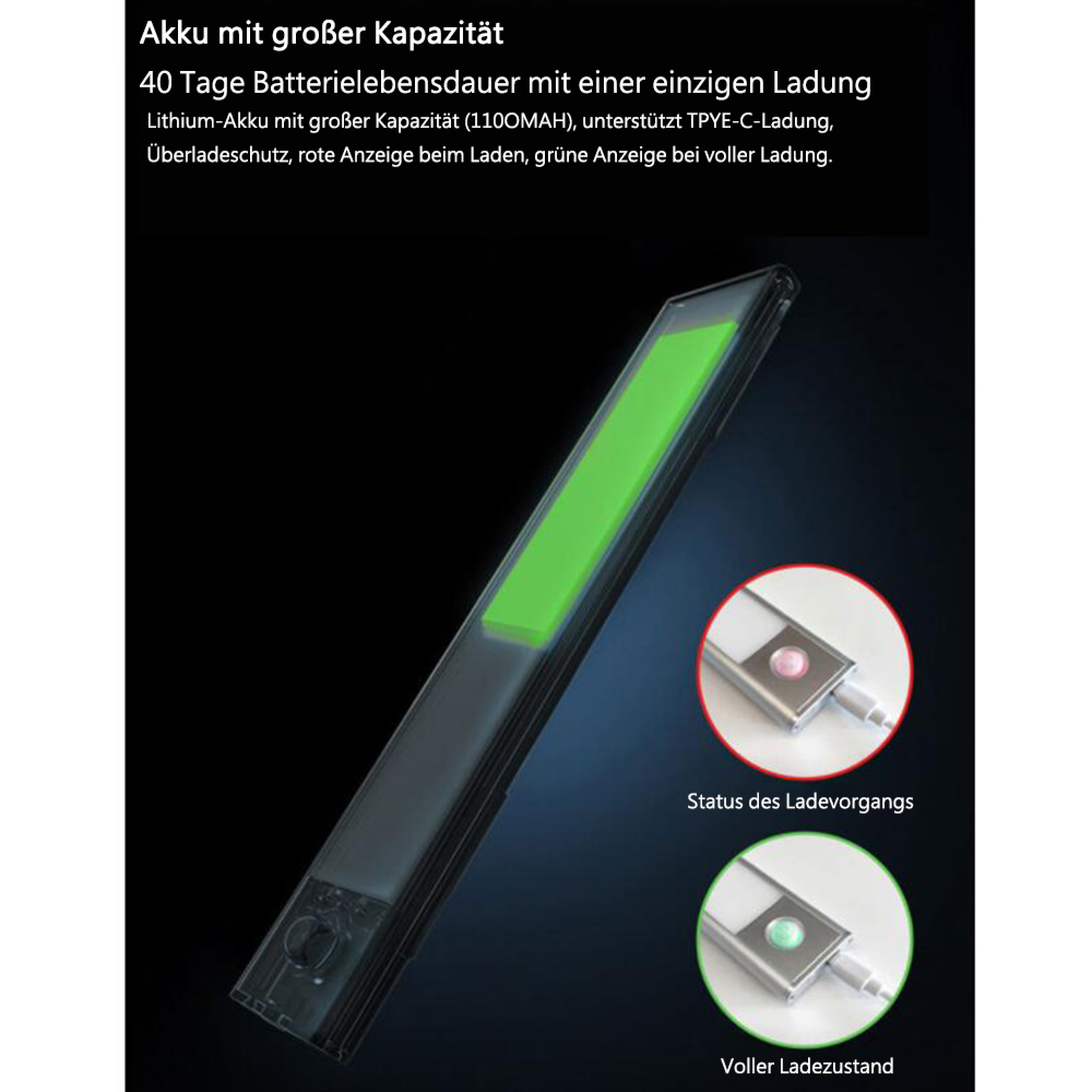 Ein langer Akku mit einer grünen Ladeanzeige und Ladezustands-Details.