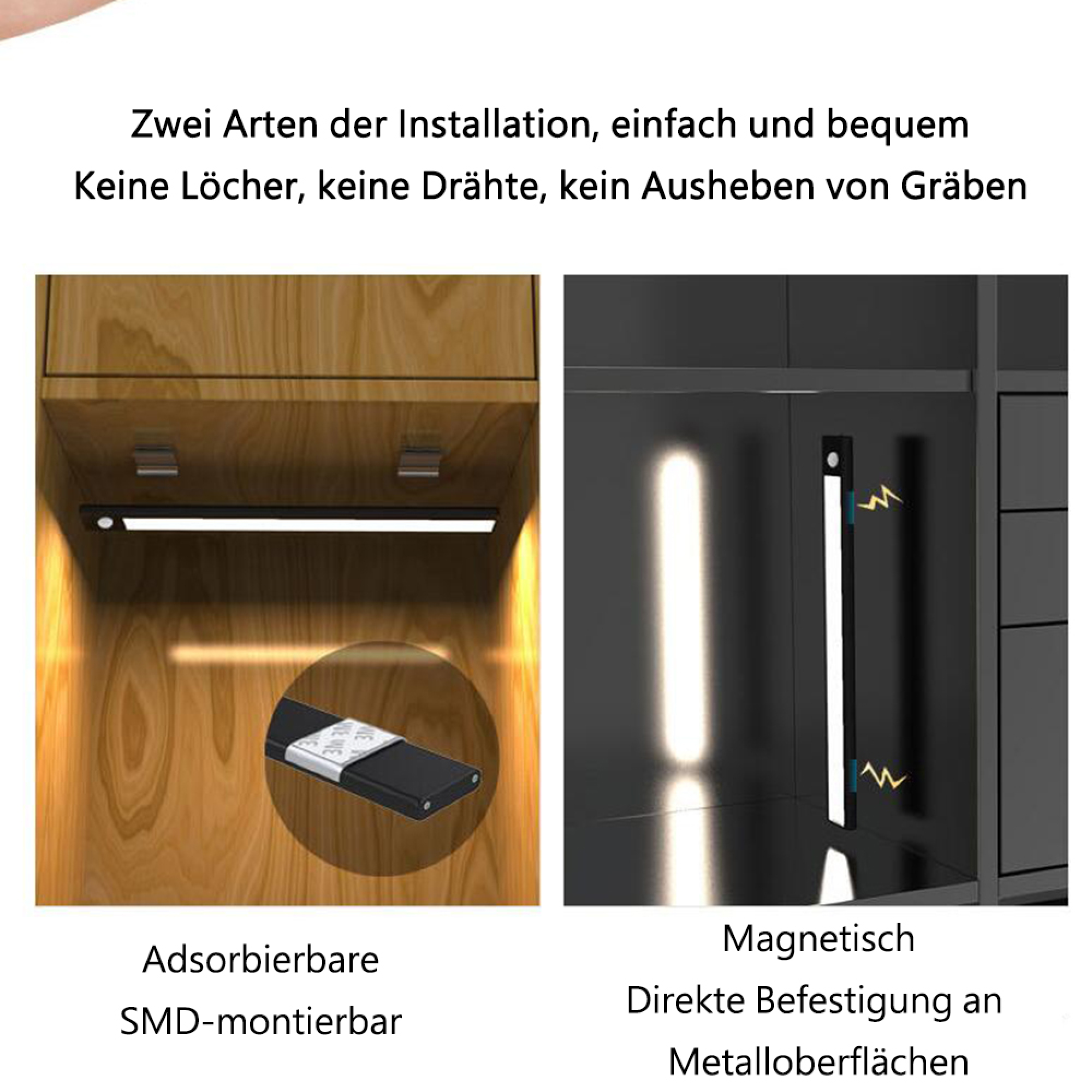 Zwei Installationen: Holzschrank mit Lichtleiste und Magnetbefestigung an Metall.