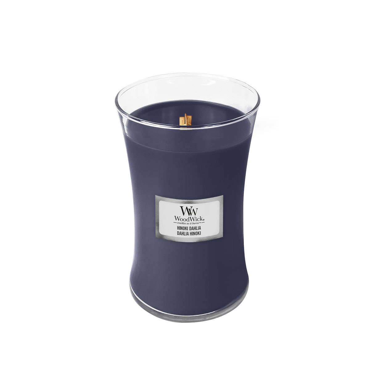 Dunkelblaue Duftkerze in einem Glasbehälter mit Holzdocht und silbernem Etikett.