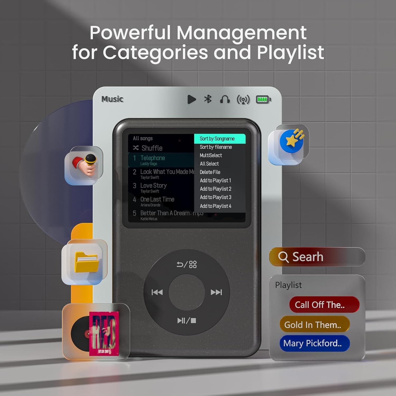 Grauer MP3-Player zeigt Musikliste mit Titeln und Interpreten an.