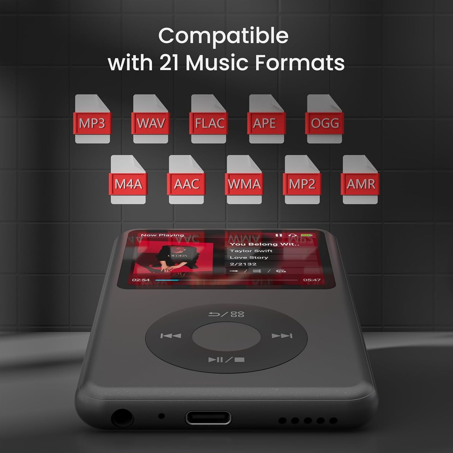 MP3-Player zeigt Songinformationen an. Kompatibel mit 21 Musikformaten.