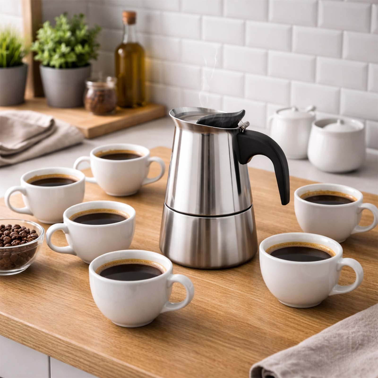 Eine Silber-Kaffeemaschine mit dampfendem Kaffee, umgeben von sechs Tassen Kaffee.