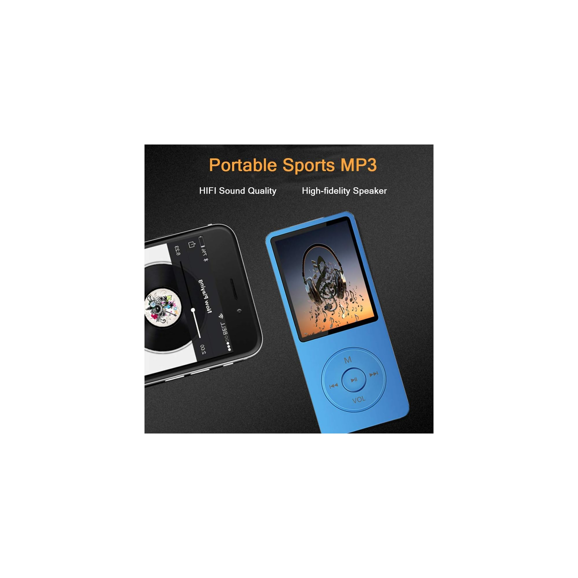 Ein blauer MP3-Player neben einem Smartphone, das eine Schallplatte zeigt.