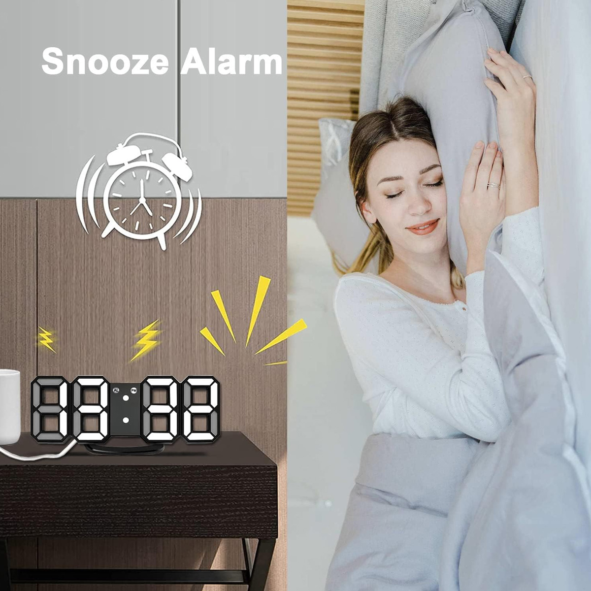 Digitaler Wecker auf Nachttisch neben schlafender Frau. Snooze Alarm Text.