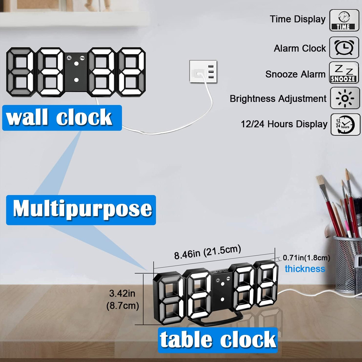 Digitale Wand-/Tischuhr mit USB-Anschlüssen und Helligkeitsregelung.