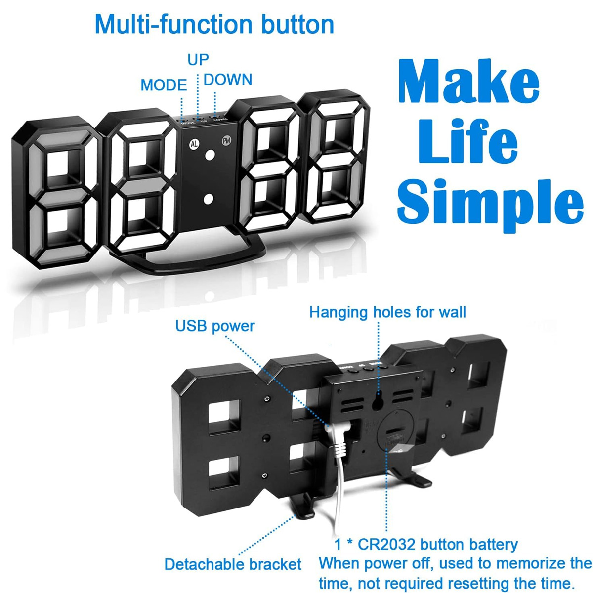 Digitaluhr mit USB-Stromversorgung, Wandbefestigungslöchern und abnehmbarem Halter.