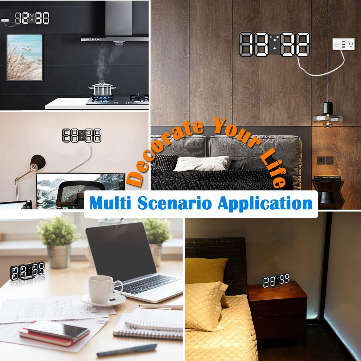 Collage digitaler Uhren in verschiedenen Wohnumgebungen: Küche, Schlafzimmer, Büro.