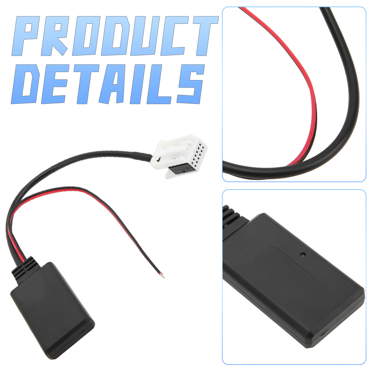 Schwarzes Bluetooth-Audiokabel mit rotem und schwarzem Draht und weißem Stecker.