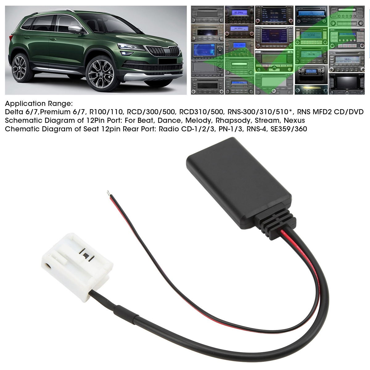 Ein grüner SUV neben einer Collage von Autoradios und einem schwarzen Bluetooth-Adapter.