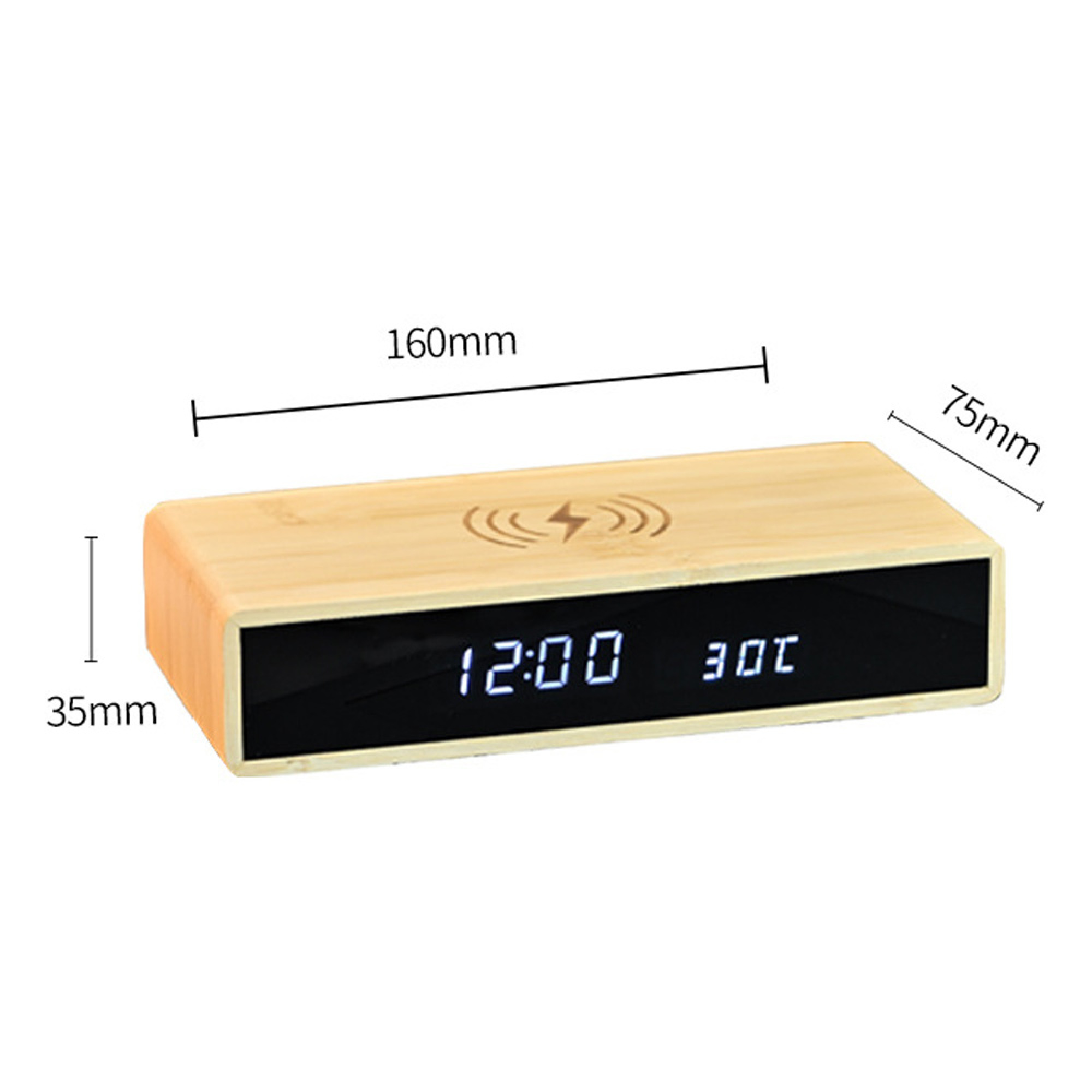 Holzwecker mit digitaler Anzeige und Ladesymbol.