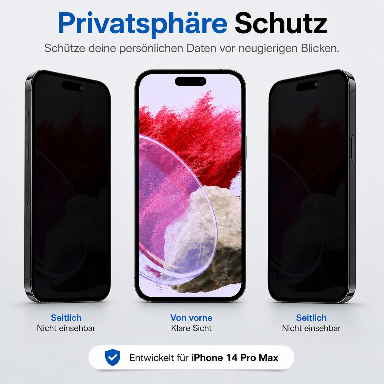 Drei iPhones: zwei seitlich dunkel, eins von vorne mit bunter Anzeige.