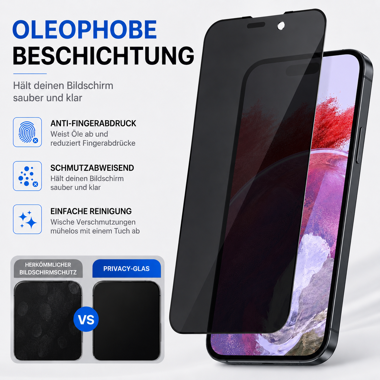 Displayschutzfolie mit oleophober Beschichtung für ein Smartphone, zeigt Vorteile gegenüber herkömmlicher Folie.