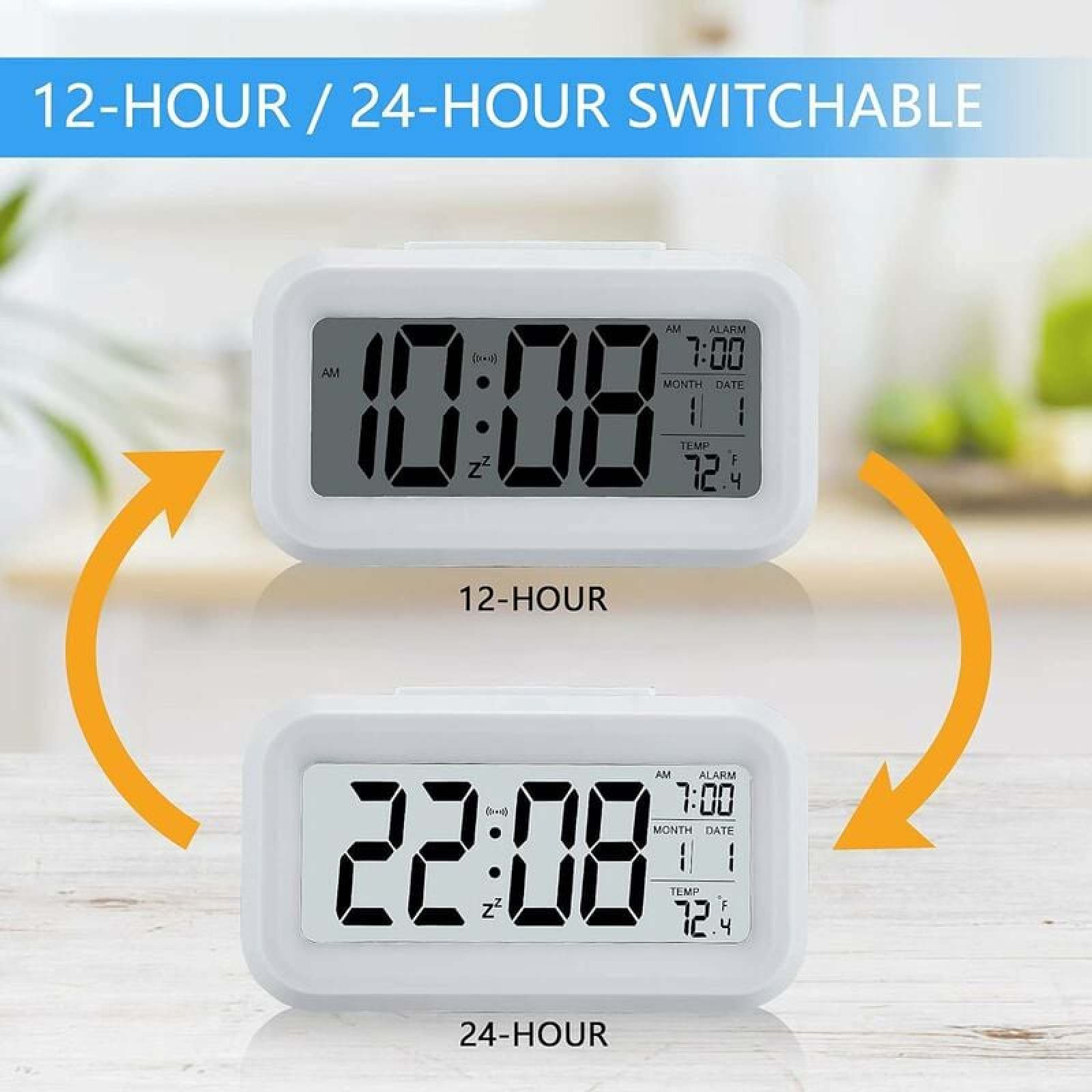 Zwei weiße Digitaluhren zeigen 10:08 (12h) und 22:08 (24h).