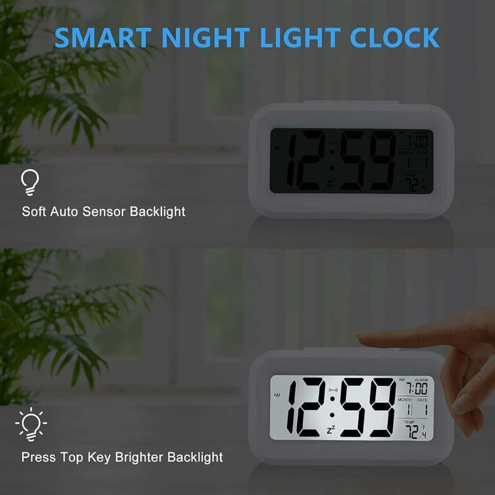 Digitaluhr mit Anzeige 12:59, Alarm 7:00, Datum 1. Jan, Temp 72.4F.