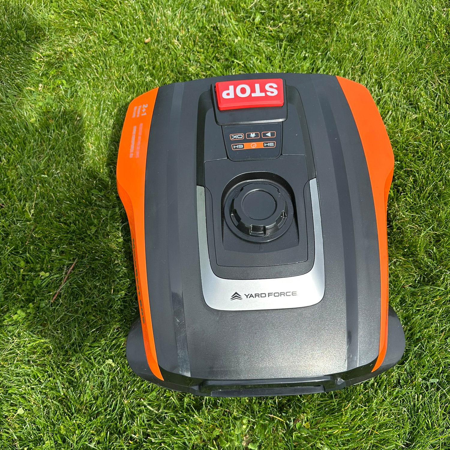 Ein orange-grauer Mähroboter mit rotem STOP-Knopf auf grünem Gras.