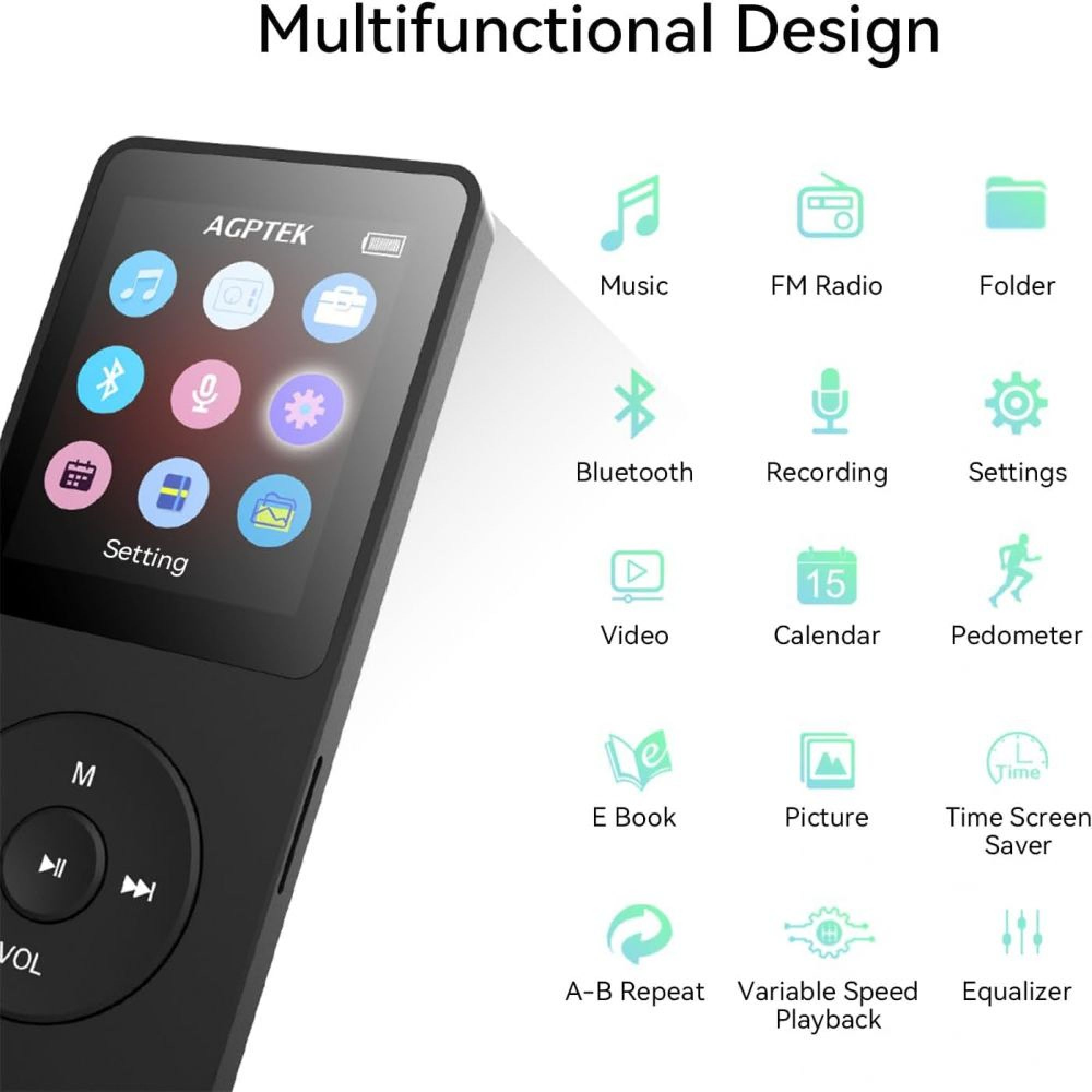 Schwarzer AGPTEK MP3-Player mit Symbolen für Musik, UKW-Radio, Ordner, Bluetooth, Aufnahme, Einstellungen, Video, Kalender, Schrittzähler, E-Book, Bild, Bildschirmschoner, A-B-Wiederholung, variable Wiedergabegeschwindigkeit und Equalizer.