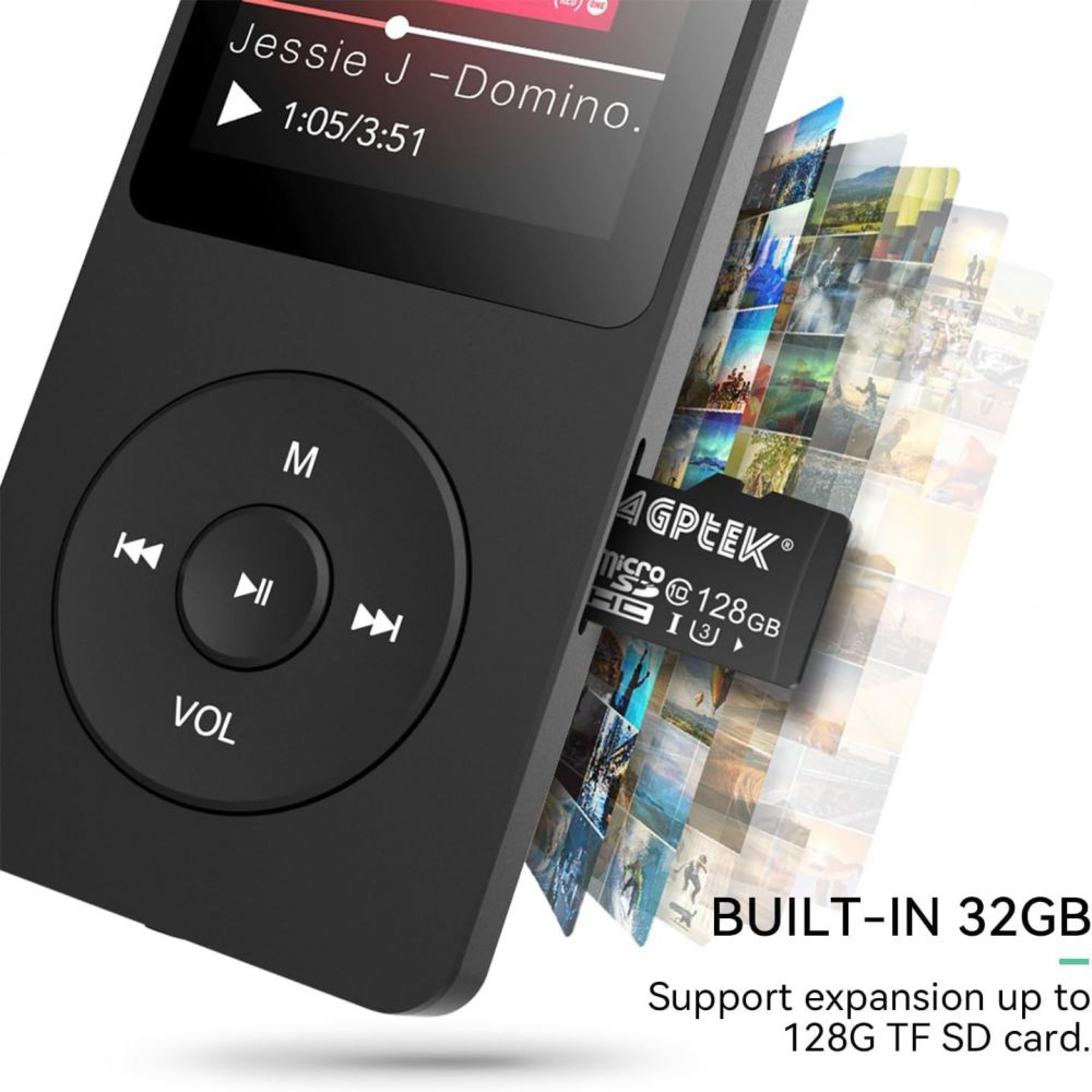 Schwarzer MP3-Player mit SD-Karte, zeigt Songtitel und Steuerelemente.