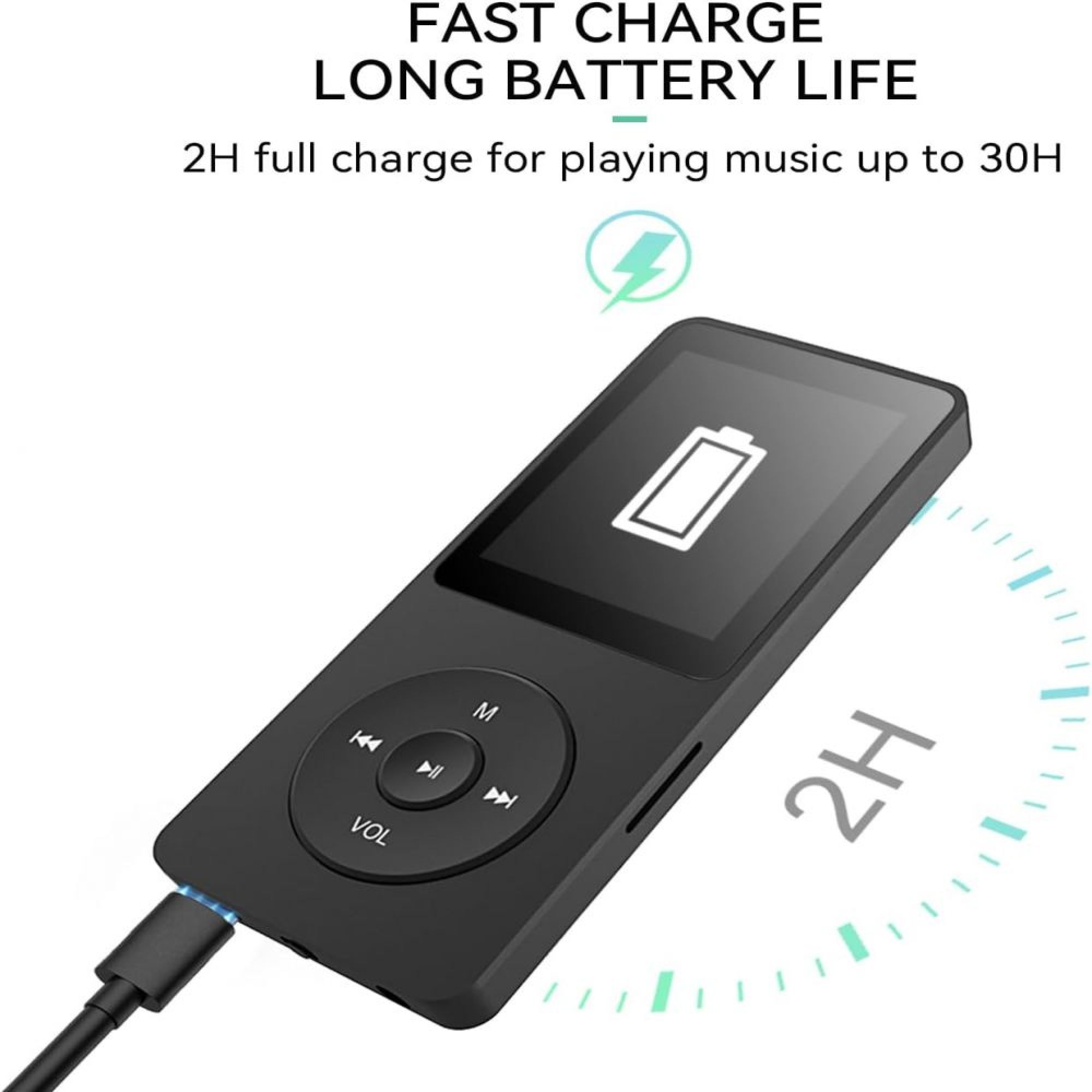 Schwarzer MP3-Player wird geladen, Akkuanzeige und 2H Ladezeit.