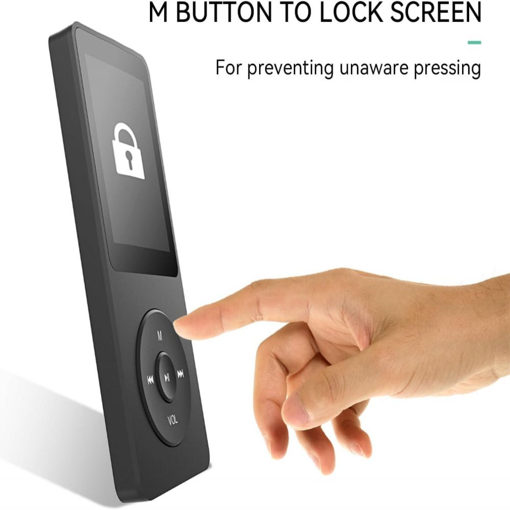 Ein Finger drückt auf den M-Button eines schwarzen Geräts mit einem Schloss-Symbol.