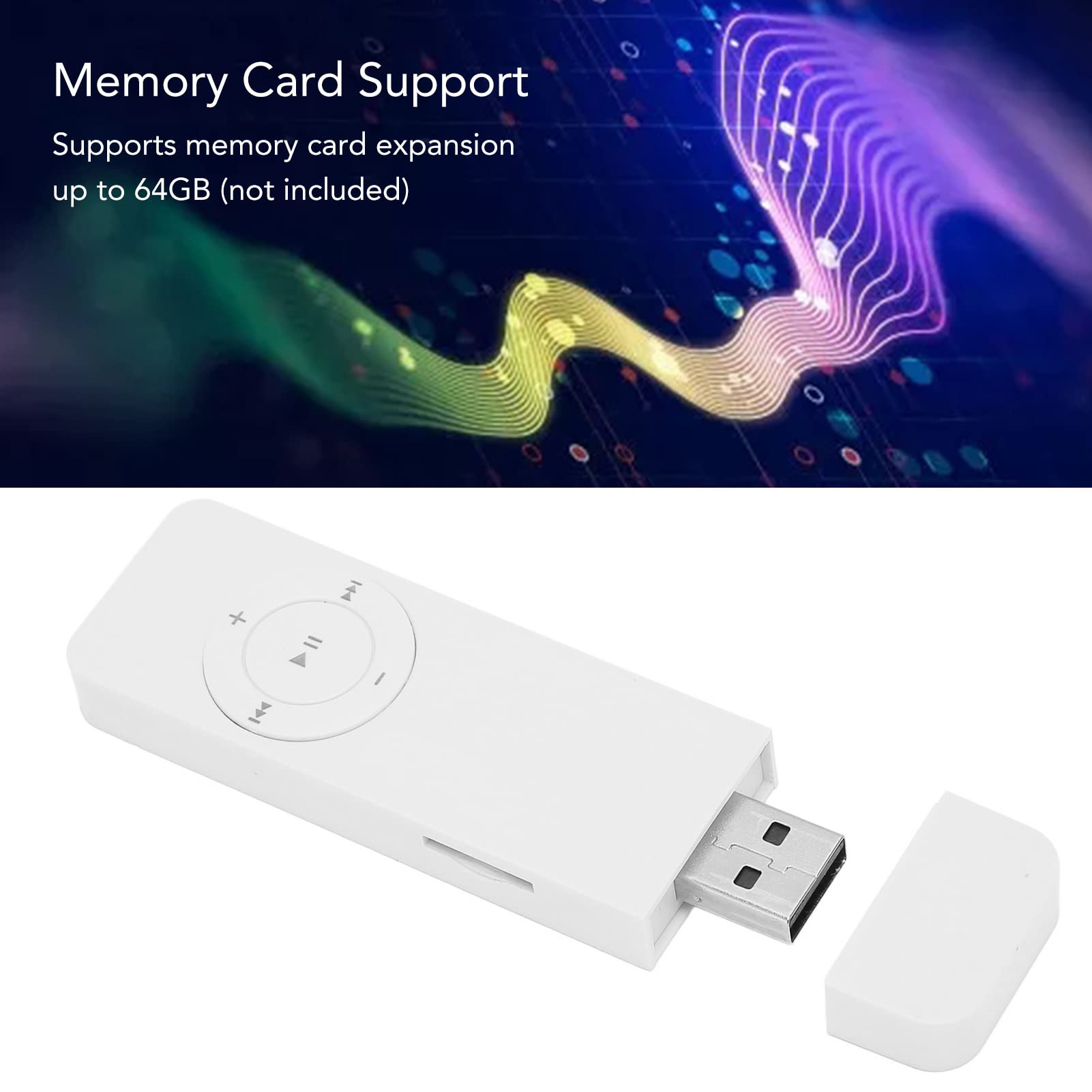 Weißer MP3-Player mit USB-Anschluss und Speicherkartensteckplatz.