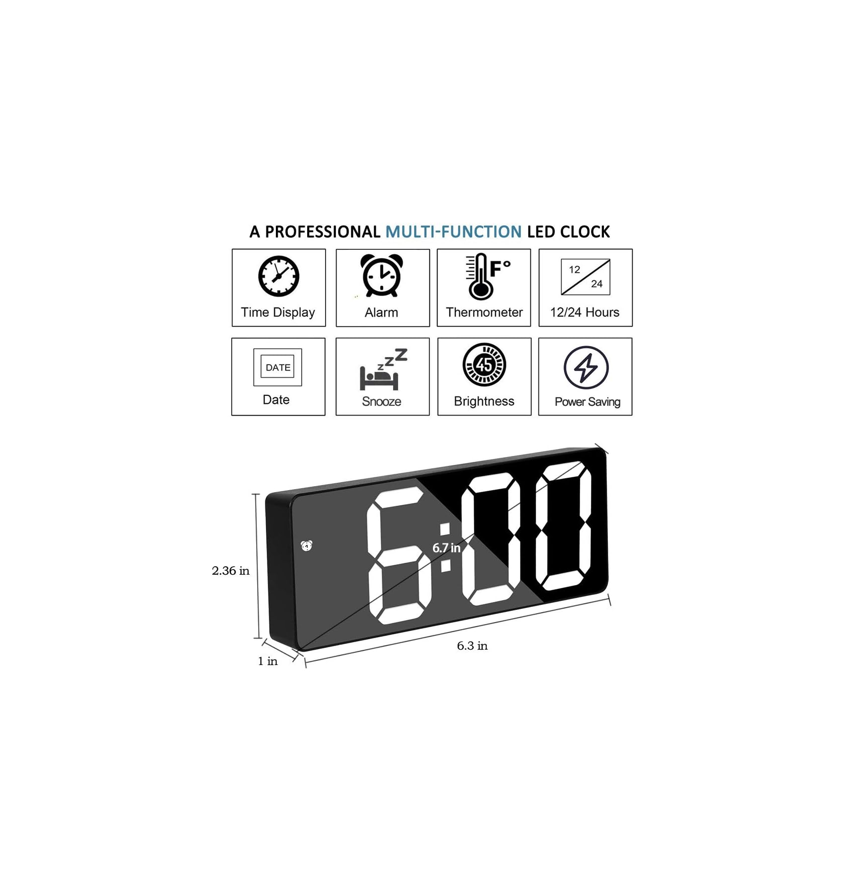 Digitaluhr zeigt 6:00, mit Symbolen für Zeit, Alarm, Temp, Datum, Snooze, Helligkeit, Strom.