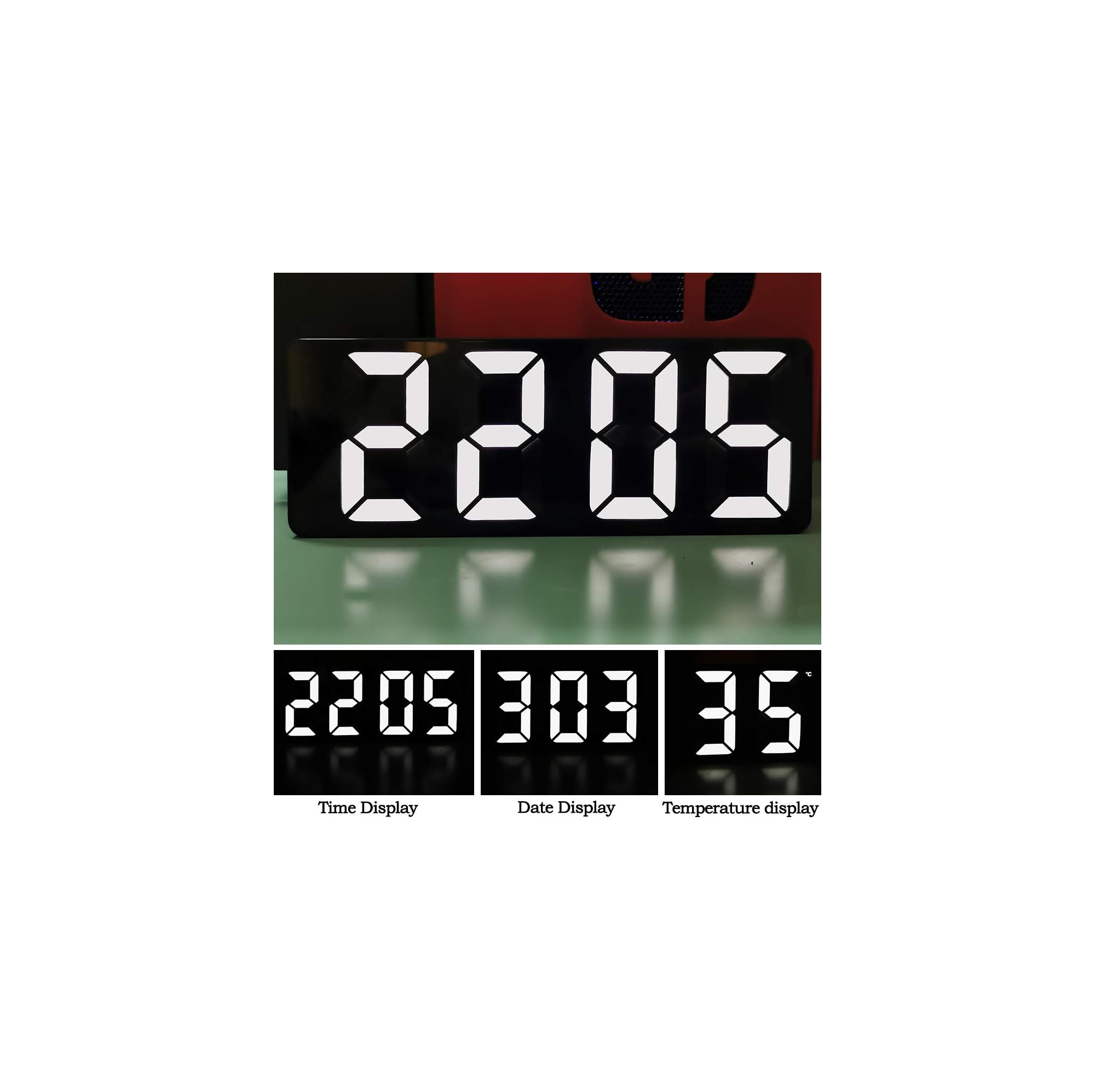 Digitaluhr zeigt 22:05, Datum 30.03. und Temperatur 35°C.