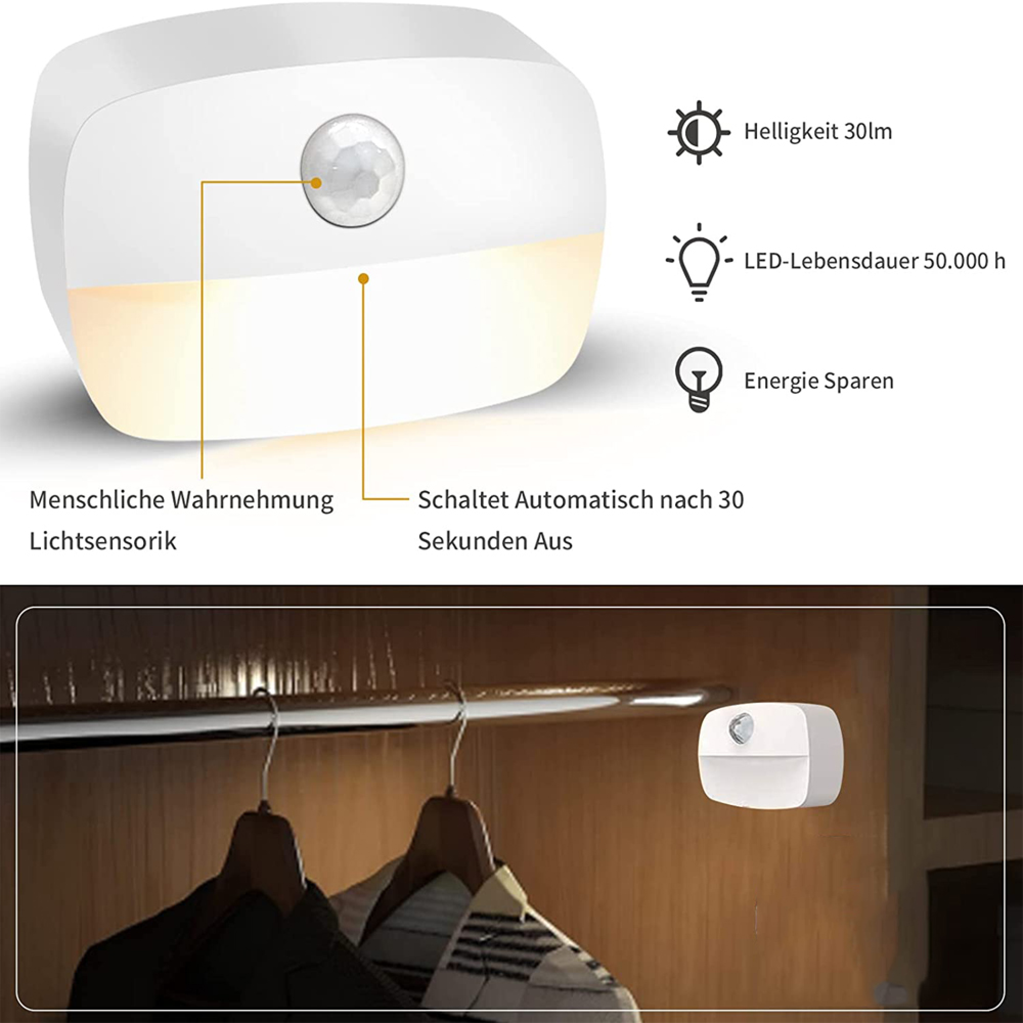 Ein weißer Bewegungsmelder mit Lichtsensorik leuchtet gelb und schaltet sich nach 30 Sek. aus.
