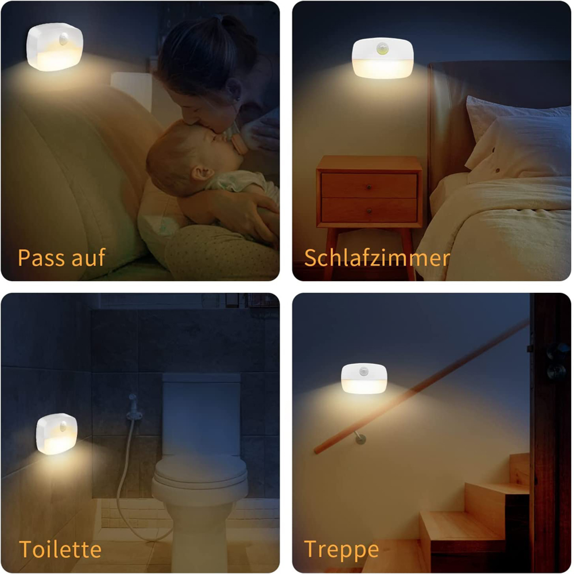 Nachtlicht in Schlafzimmer, Bad und Treppenhaus.