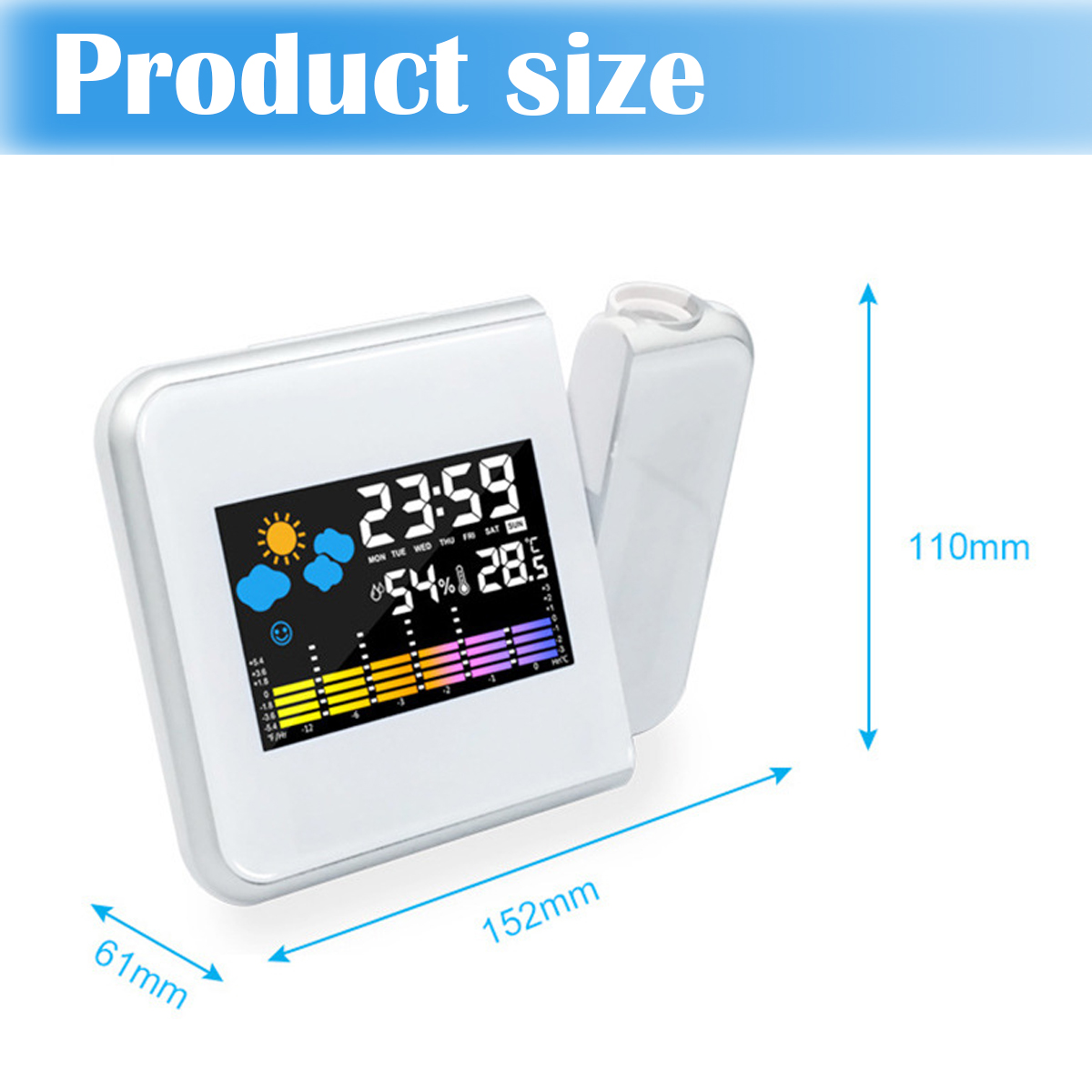Weiße Digitaluhr zeigt Uhrzeit, Datum, Wetter und Temperatur. Maße: 61x152x110mm.