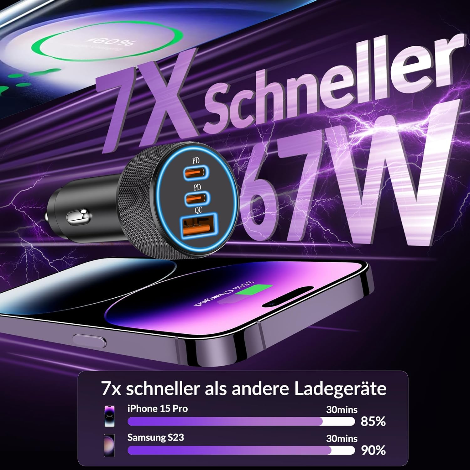 Schwarzer Autoladegerät mit 3 Anschlüssen lädt ein iPhone und Samsung, 67W.