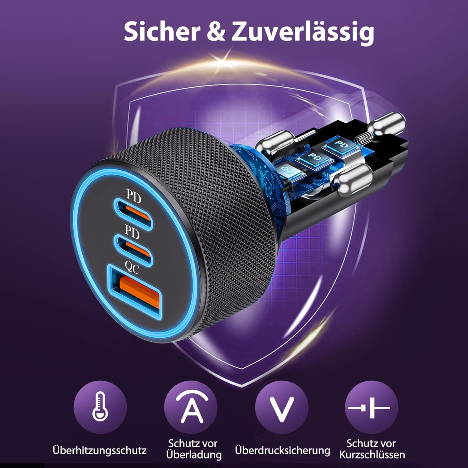 Ein schwarzer Ladegerät mit 3 PD/QC-Anschlüssen und internen Schaltkreisen.