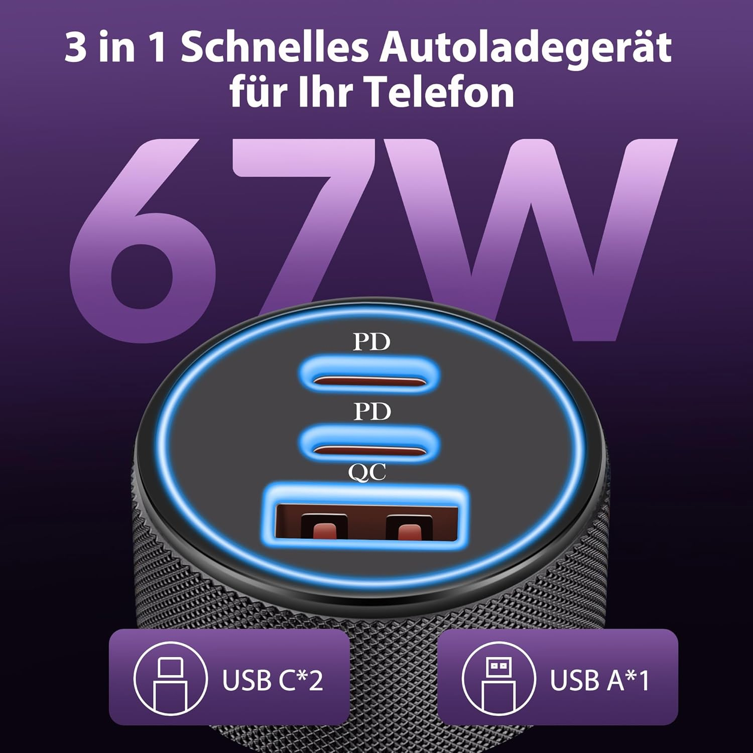 67W 3-in-1 Autoladegerät mit 2x USB-C und 1x USB-A Anschlüssen.