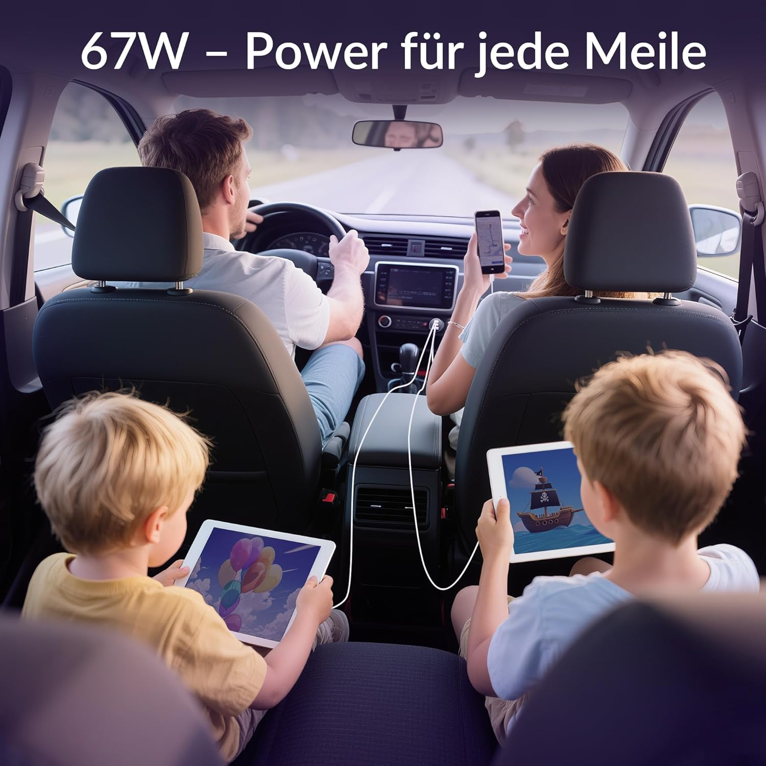 Familie im Auto, Eltern fahren und nutzen Handy, Kinder schauen Tablets. 67W Power.