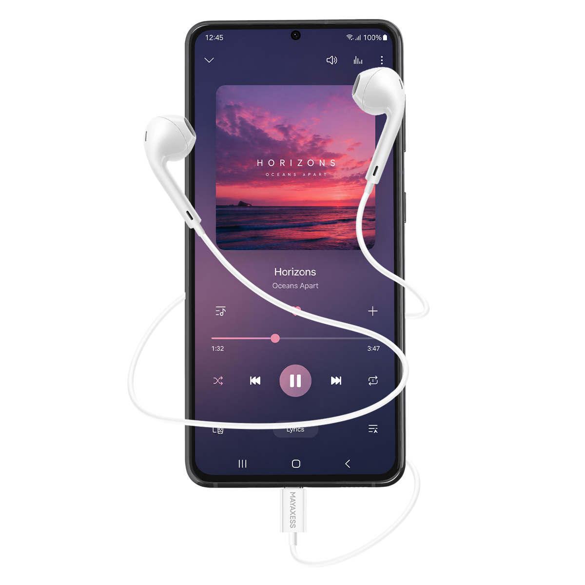 Smartphone con auricolari bianchi che mostra app musicale con copertina al tramonto.