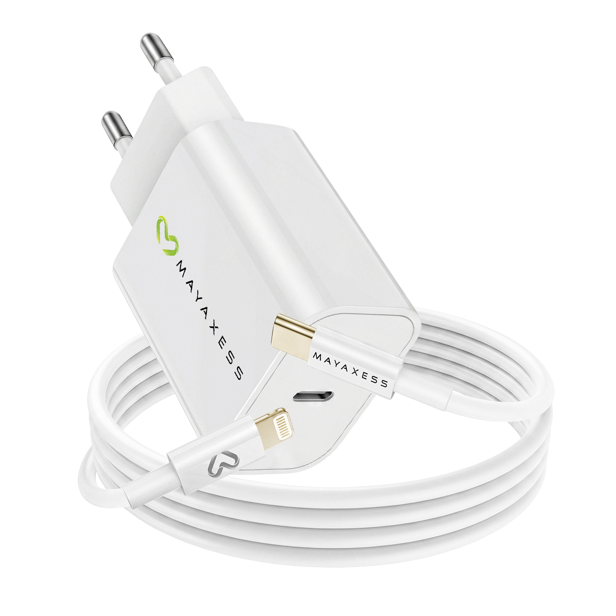Ein weißes Ladegerät mit weißem Kabel und Lightning-Anschluss.