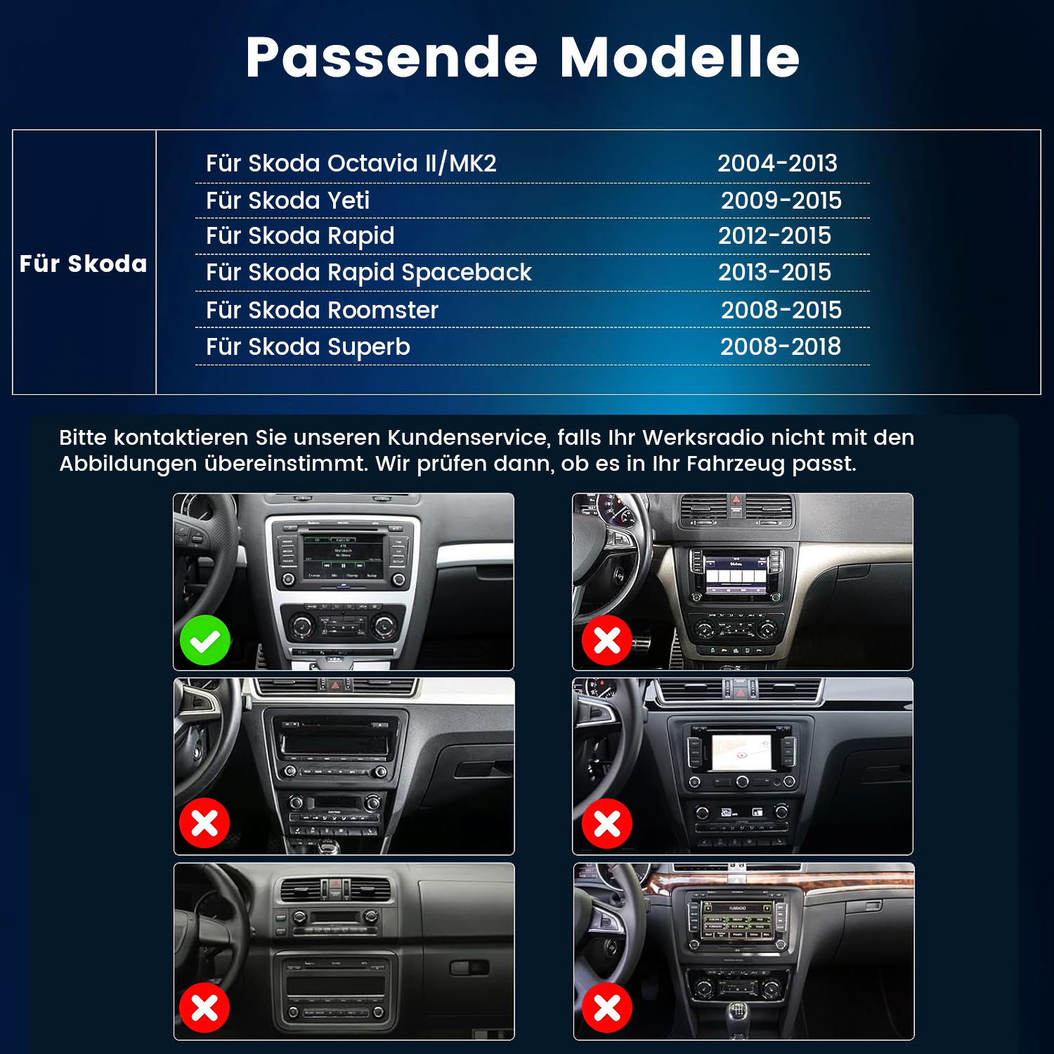 Tabelle mit Skoda-Modellen und Baujahren. Bilder von Radios mit grüner Häkchen/roten Kreuzen.