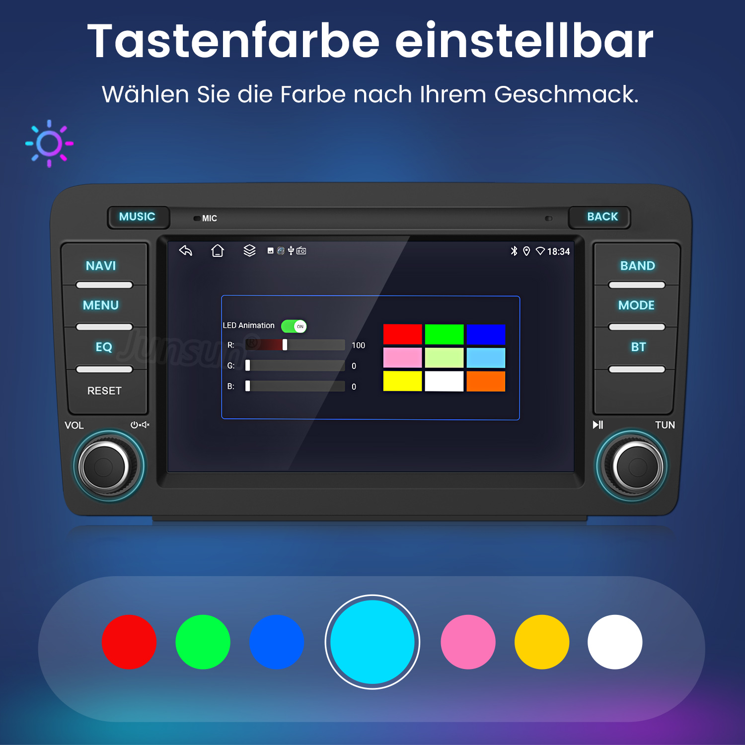 Ein Autoradio-Display zeigt anpassbare Tastenfarben mit Farboptionen.