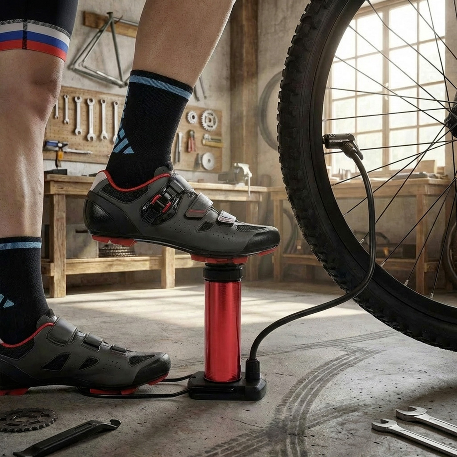 Ein Mann pumpt mit einem roten Handpumpenventil ein Fahrrad auf.