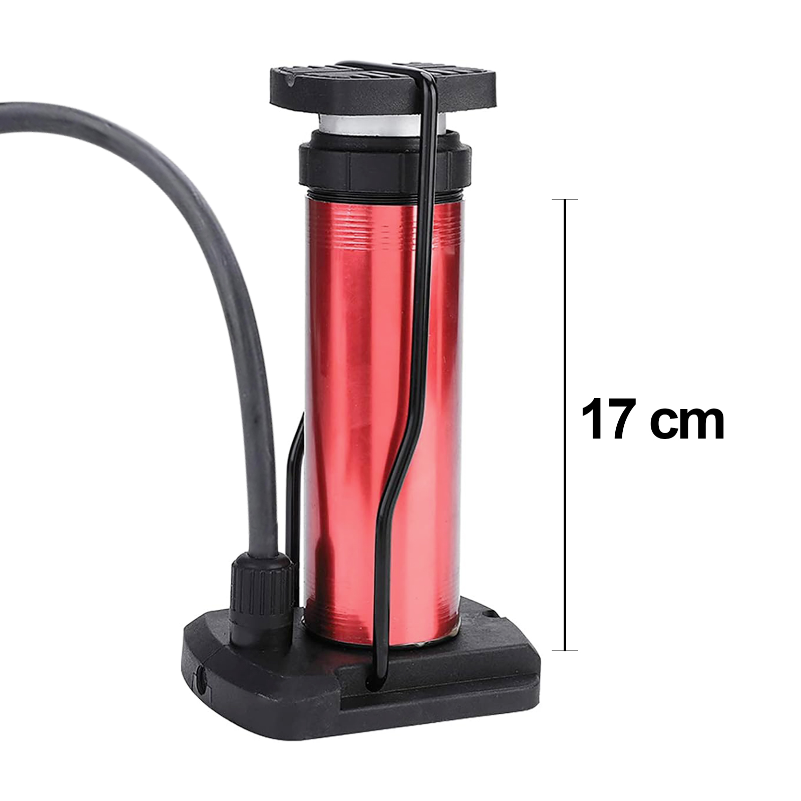 Roter Fahrradpumpzylinder mit schwarzem Schlauch und Sockel.